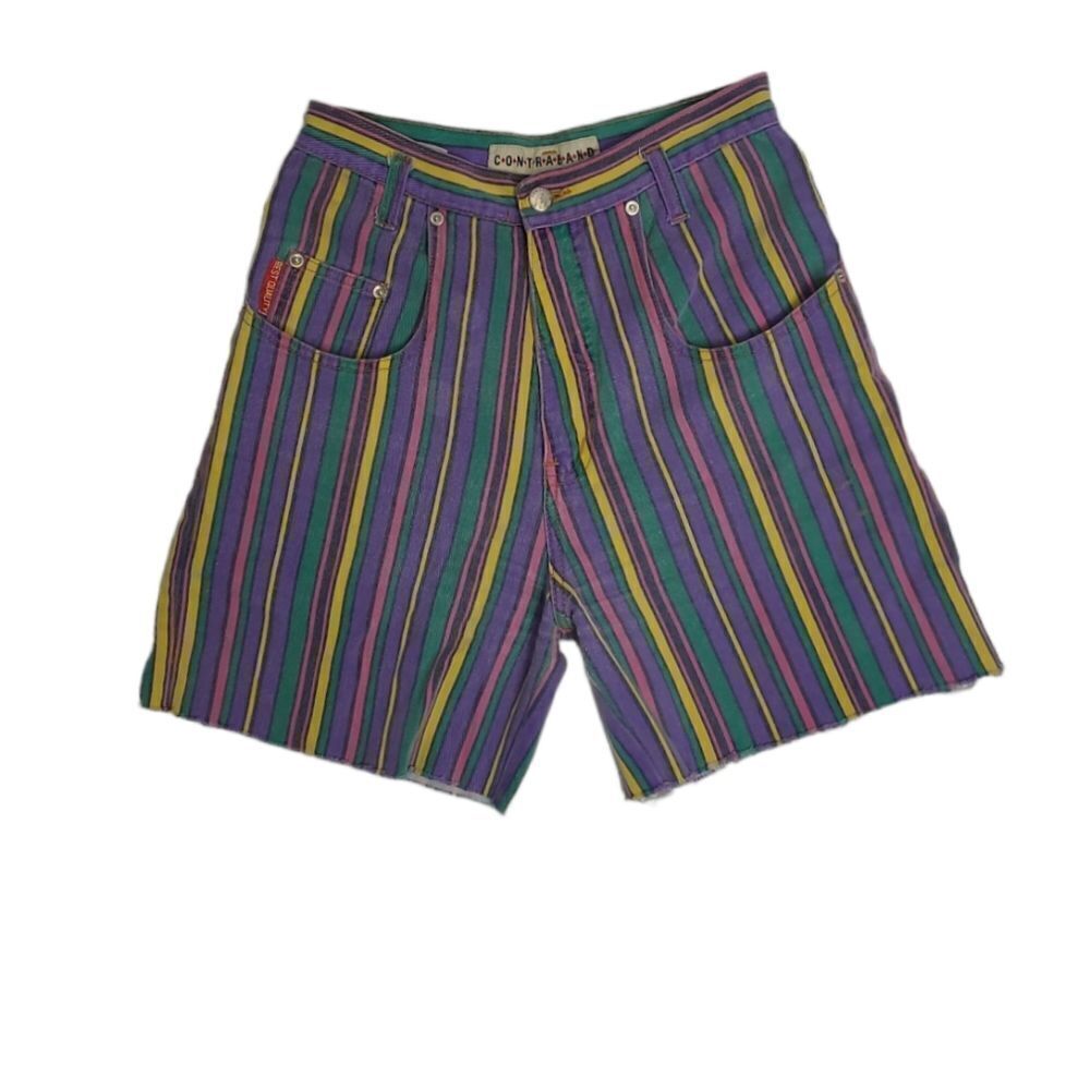 VINTAGE 90s rainbow stripe high rise‎ cutoff midi length denim shorts S